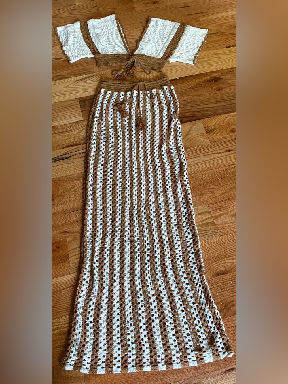 Striped Crochet Maxi dress in White and Tan